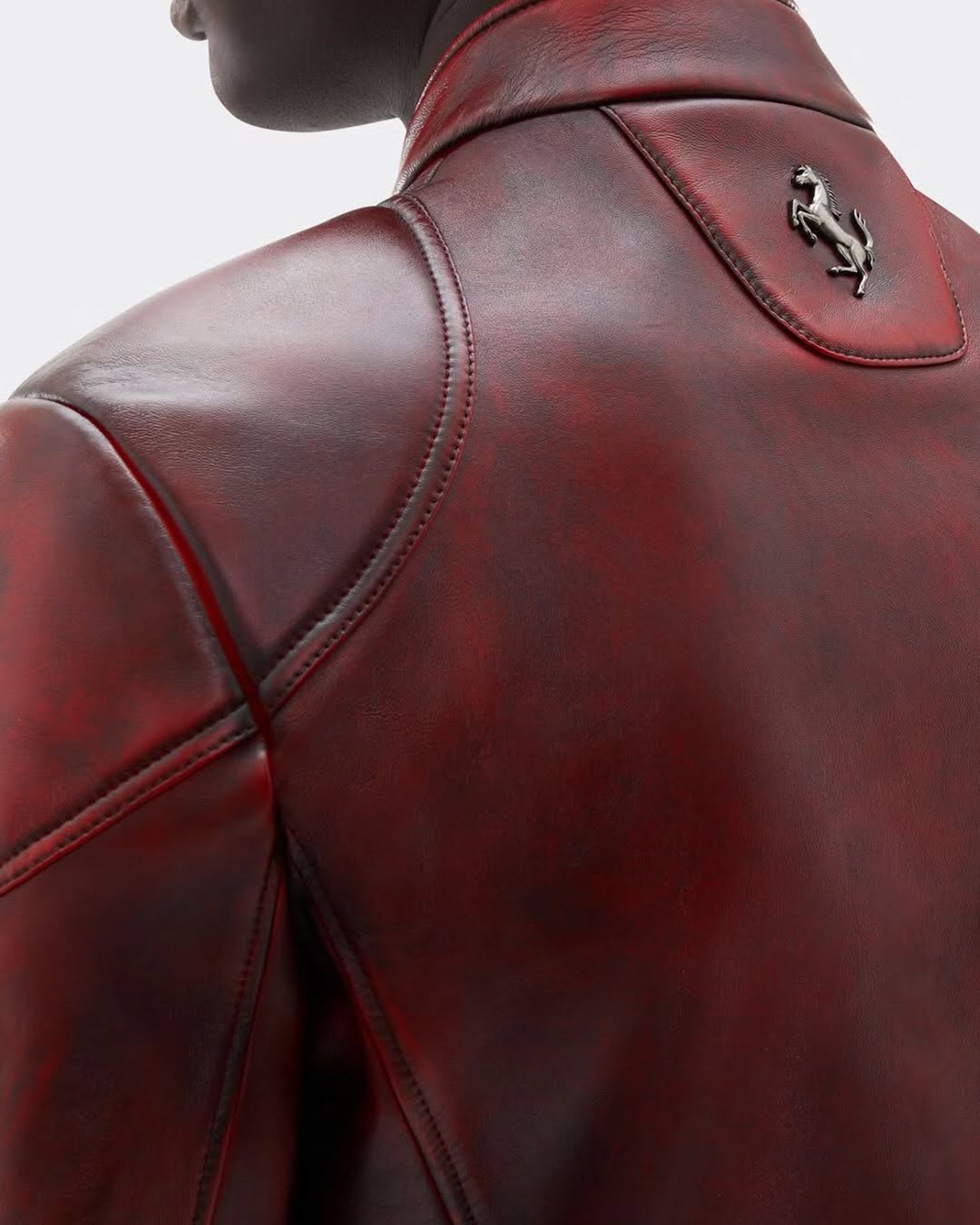 Detail view of a Ferrari Style British GP leather jacket