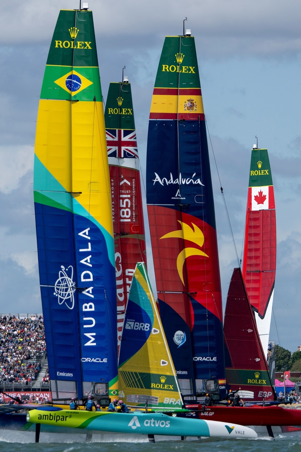 SailGP catamaran hydrofoiling on the water